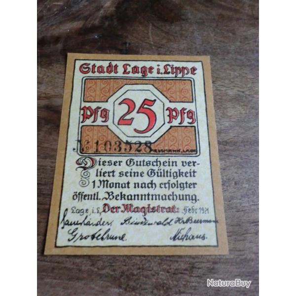 billet allemagne lage stadt  25 pfennings 1921 / N� 103528  neuf