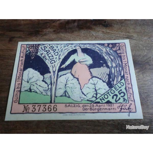 billet allemagne bad salzig a.RH. 25 pfennings 25.04.1921 / N� 37366  neuf