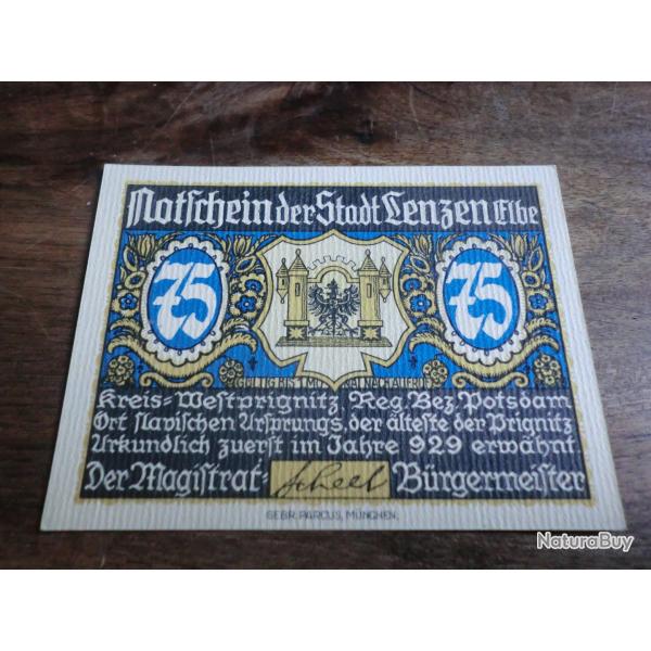 billet n�cessit� germany lenzen tour 75 pfennings 1922 / neuf