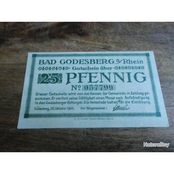 billet n�cessit� germany bad godesberg  25 pfennings 10.1920 / N�057799  neuf