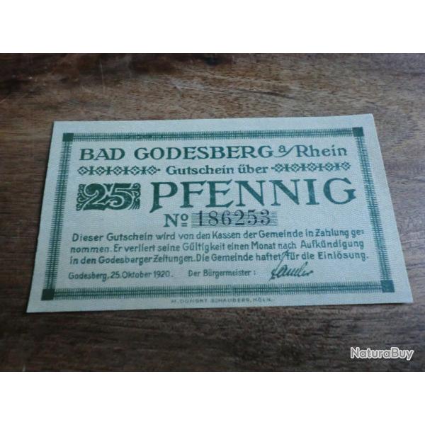 billet n�cessit� germany bad godesberg  25 pfennings 10.1920 / N�186253 neuf