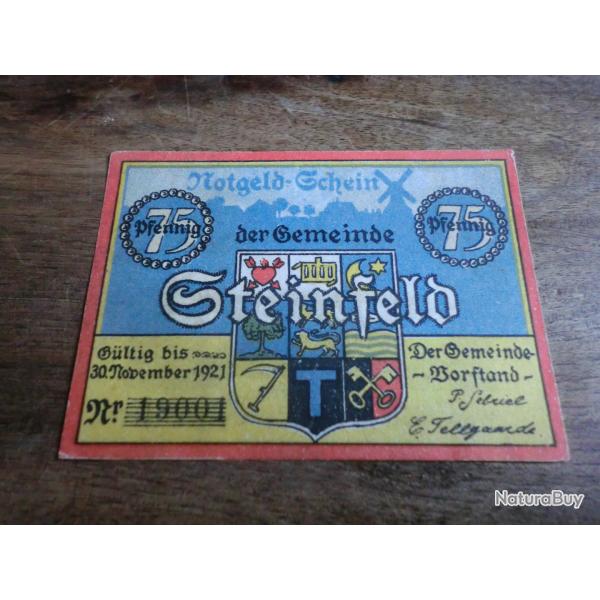billet n�cessit� notgeld steinfeld  75 pfennings 11.1921 / N� 19001 /  neuf