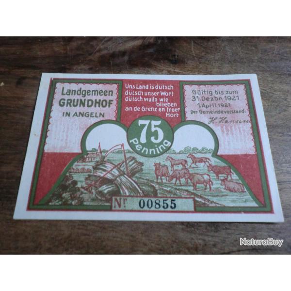 billet n�cessit� landgemeen grundhof  75 penning  12.1921  / N� 00855 / neuf