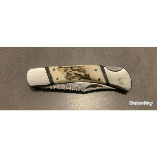 Couteau Lame DAMAS 128 couches Manche Bois de Cerf DM1020 + Housse en Cuir