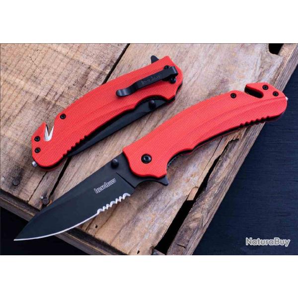 Couteau A/O Kershaw Barricade Lame Acier 8Cr13MoV Manche Orange GFN Coupe Ceintures Clip KS8650ST