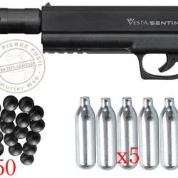 Pistolet CO2 &agrave; balles de caoutchouc VESTA DEFENSE SENTINEL + Extension TACHYON-S (19 Joules max)