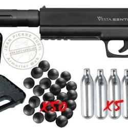 Pistolet CO2 &agrave; balles de caoutchouc VESTA DEFENSE SENTINEL + Extension TACHYON-S (19 Joules max)