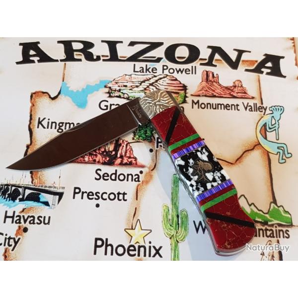 COUTEAU BRIAN YELLOWHORSE NEUF SUPERBE MANCHE EN PIERRES PR�CIEUSES MOTIF YAPITI