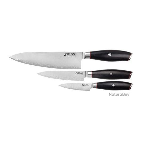 Wusaki Fujiko Black 10CR lame San Mai Pack de 3 couteaux - Chef + Office + Universel