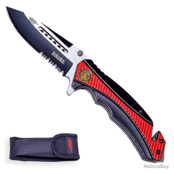 JKR Tactical JKR0564 - Couteau Pliant Tanto - Manche Alu Noir/Rouge - Pompiers-secouristes