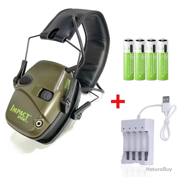 Pack Casque Anti-Bruit �lectronique pour le tir, SPORT Vert + Piles rechargeables + Station