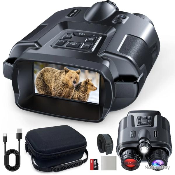 Jumelles Vision Nocturne 4K UHD 40MP, Zoom 8X, cran 3" Infrarouge Rechargeable 5000mAh + Carte 32G
