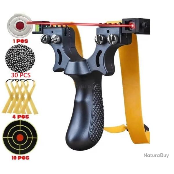 Pack lance pierre / Fronde de chasse noir avec laser, cibles, elastiques et billes en metal