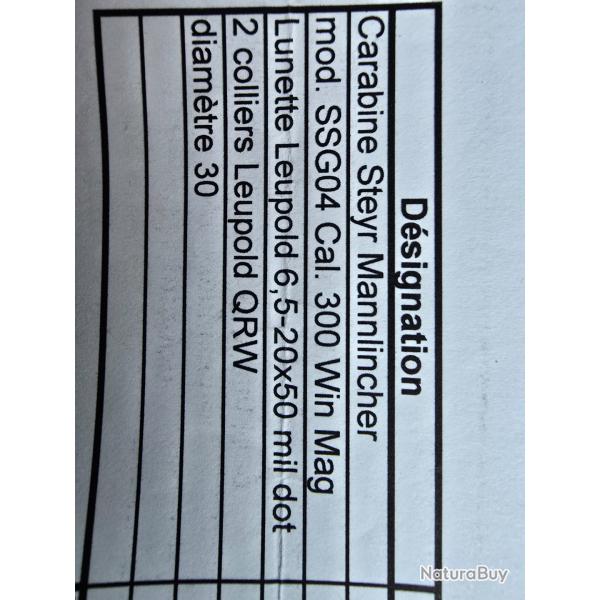 Carabine steyr mannlincher SSG04  300 win mag. AVEC lunette leupold 6,5-2050 MIL DOT