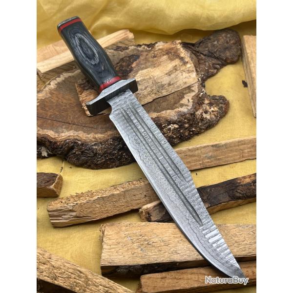 Couteau de chasse, de survie et de bushcraft fait main en Damas avec tui FTM7