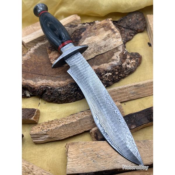 Couteau de chasse, de survie et de bushcraft fait main en Damas avec �tui FTM9