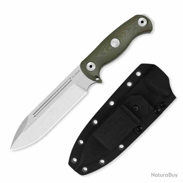 Couteau Kizer Drop Bear Fix Lame Acier AEB-L Manche Micarta Vert Etui Kydex KI1103A1