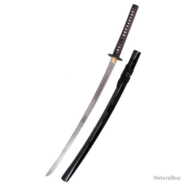 KATANA LAME ACIER FONCTIONNEL NOIR POIGNEE CUIR MARRON