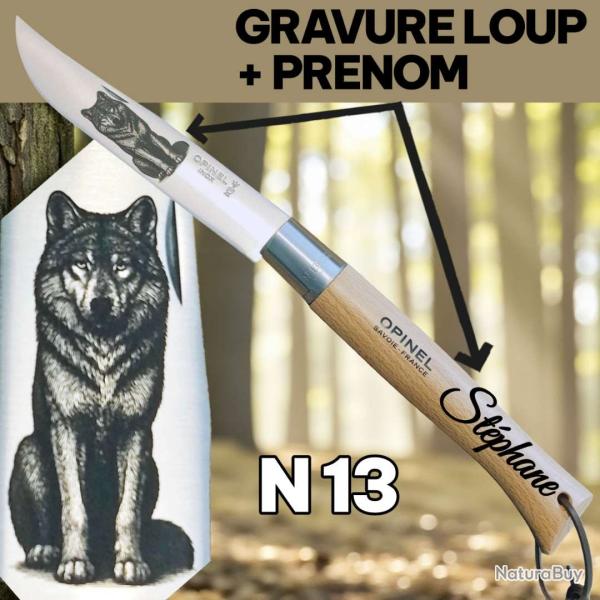Opinel 13 gravure loup + prenom