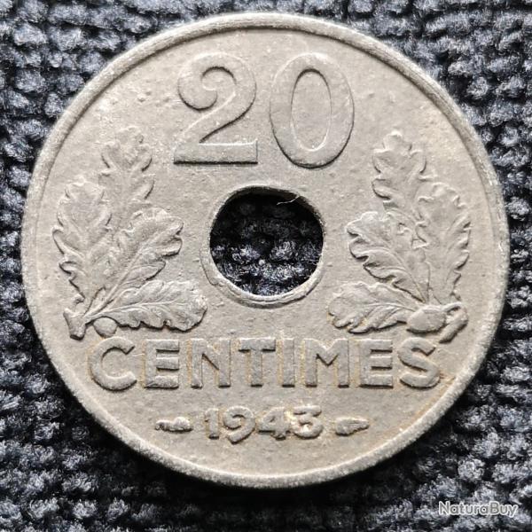 Monnaie France - 1943 - 20 centimes Etat fran�ais (lourde) (Grade : TB) - ref N0784