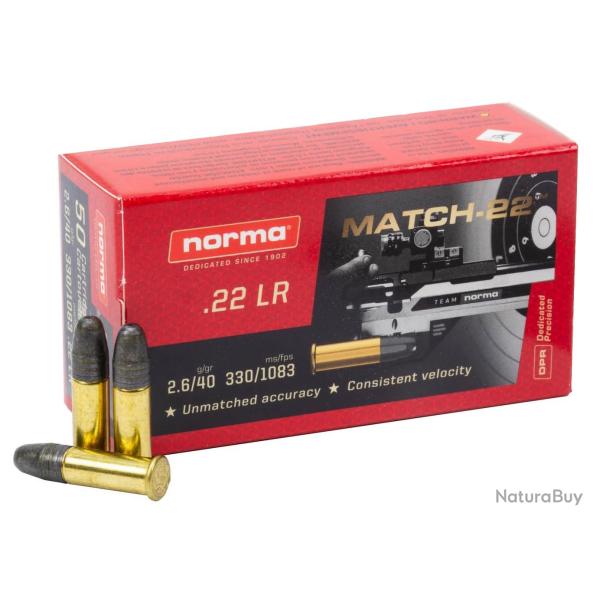 Cartouches Norma 22LR 2.6G/40GR MATCH-22 LRN Boite de 50
