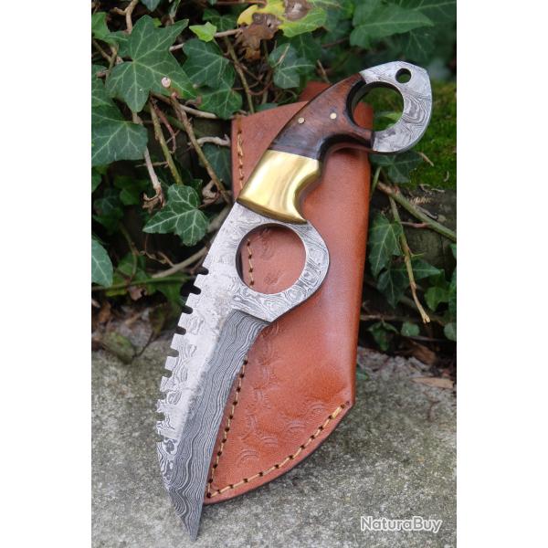 Couteau Griffe Karambit Lame Acier Damas 256 Couches Manche Bois/Laiton Etui Cuir Fabric Artisanale
