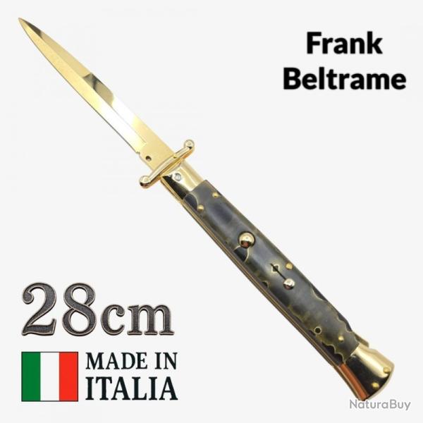 Couteau cran d'arrt 28cm micarta gold garde basculante  pompe arriere Frank Beltrame