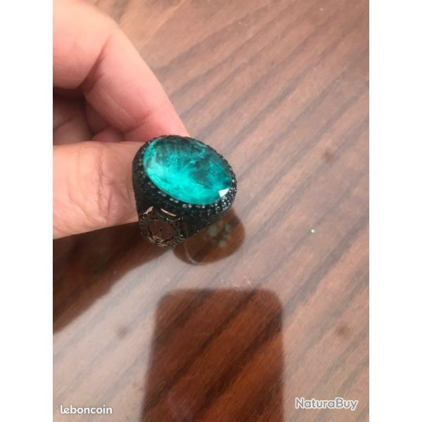 bague amerindien t�tes de loups sculpt�s pierre tourmaline paraiba argent sterling 925