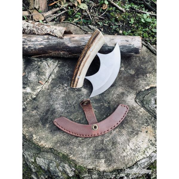 couteau scandinave " ulu " d'artisan / manche bois de cerf