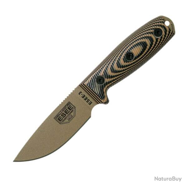 Couteau fixe de survie ESEE-3 manche coyote/noir E3PMDE005