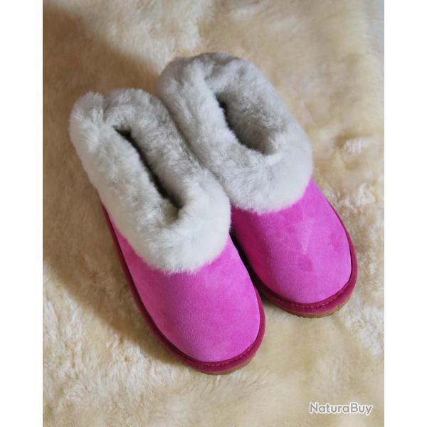 Chaussons chauds femme en peau de mouton rose Fushia