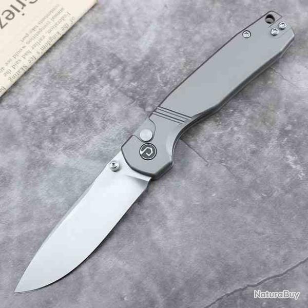 Couteau Defcon Delta Lame Acier 14C28N Drop Point Manche Alu Gris M�tallique Button Lock TD017GY