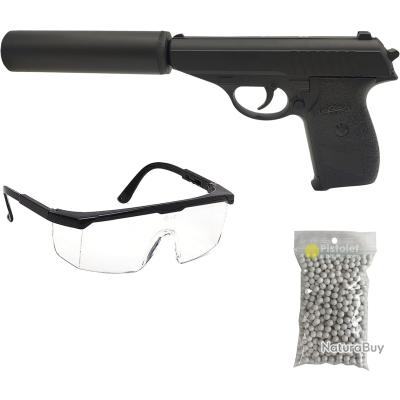 Saigo Defense Pack - Pistolet Airsoft KWC M1911 à Ressort 0.5 Joule - Plastique Haute Résistance - Avec Lunettes Et 600 Billes (Noir)