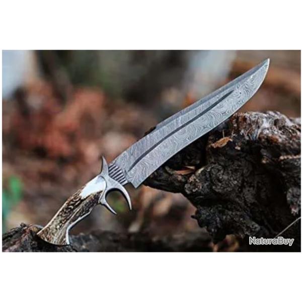 Magnifique couteau de chasse damas - Bois de cerf - Pointe double tranchante (2)
