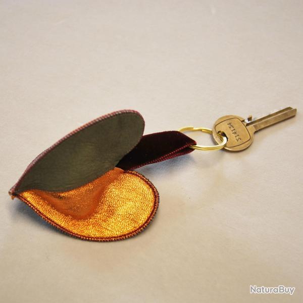 Porte-cl� cr�ateur amour triple coeur en cuir d'agneau orange m�tallique kaki et gris