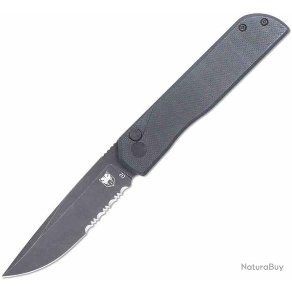 Couteau CobraTec Prowler Lame Drop Point Serr Acier D2 Plaquettes G-10 Noir Button Lock CTPLRBLKBLDS