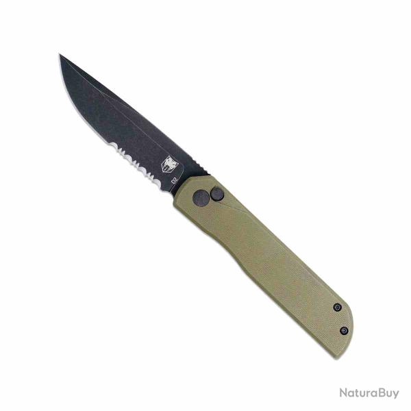 Couteau CobraTec Prowler Lame Serr Acier D2 Plaquettes G-10 OD Green Button Lock CBTPLRODBDS