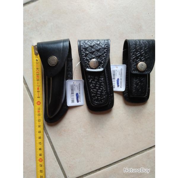 A SAISIR - 3 tuis de ceinture en cuir noir pour couteaux pliants NEUFS