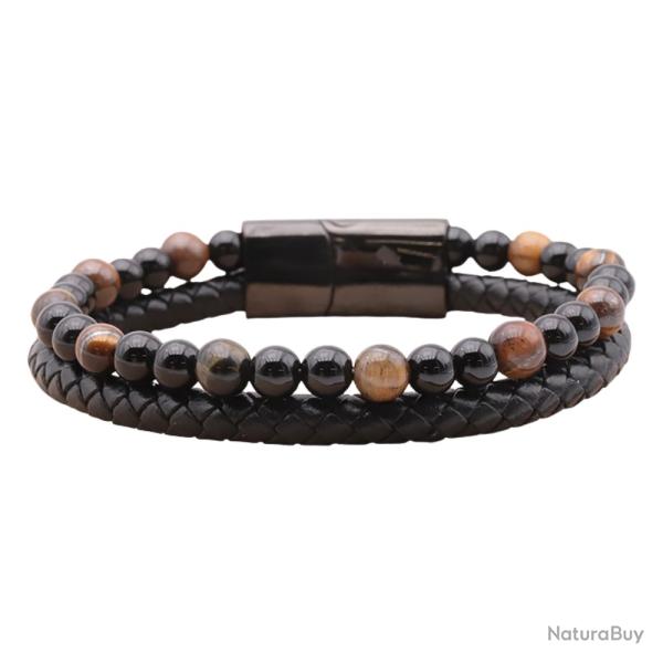 Bracelet Homme Cuir Noir V�ritable & Pierres Naturelles Oeil de Tigre et Onyx Grade A - Stock France