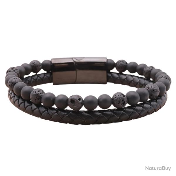 Bracelet Homme Cuir Noir V�ritable & Pierres Naturelles Shungite et Pierre de Lave Grade A - France