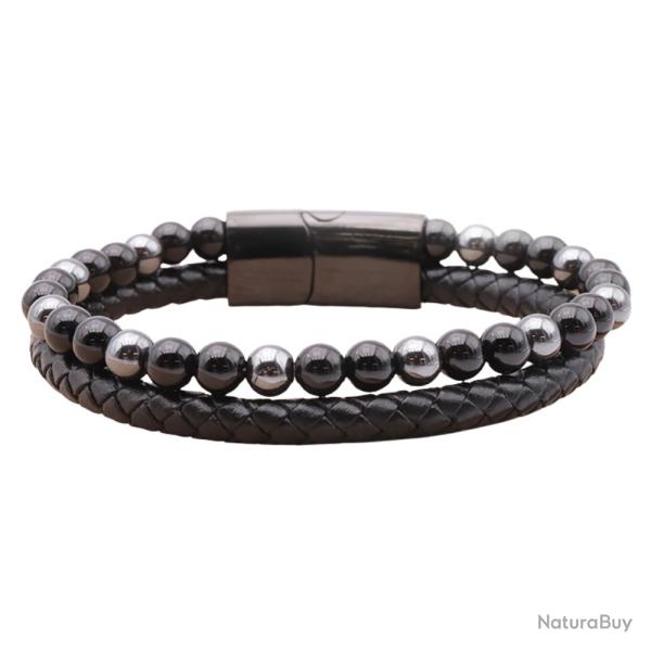 Bracelet Homme Cuir Noir V�ritable & Pierres Naturelles H�matite et Onyx Grade A - Stock France