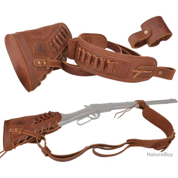 BUSC ET BRETELLE CARTOUCHIERE .357 30-30 - SANS PERCAGE - MARRON - DROITIER - LIVRAISON GRATUITE