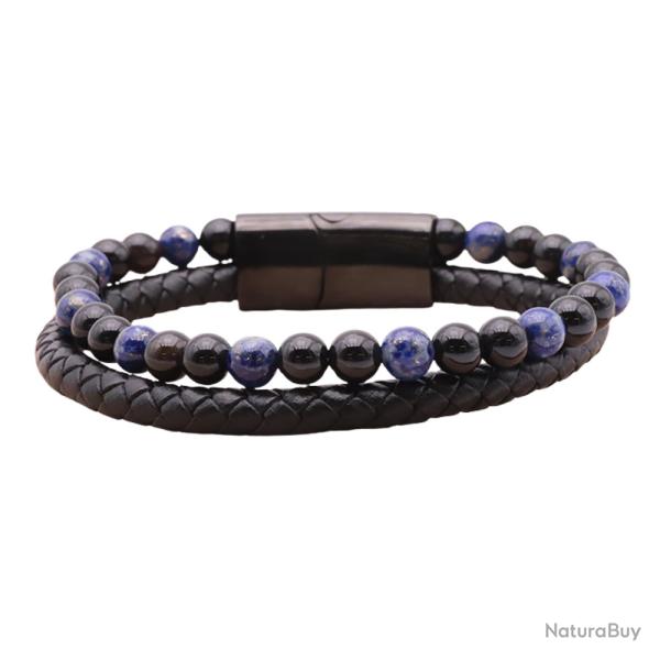 Bracelet Homme Cuir Noir V�ritable & Pierres Naturelles Lapis Lazuli et Onyx Grade A - Stock France