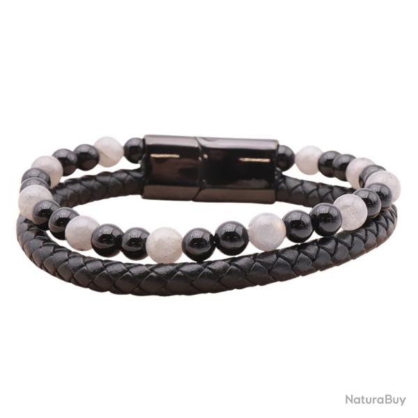 Bracelet Homme Cuir Noir V�ritable & Pierres Naturelles Labradorite et Onyx - Grade A - Stock France