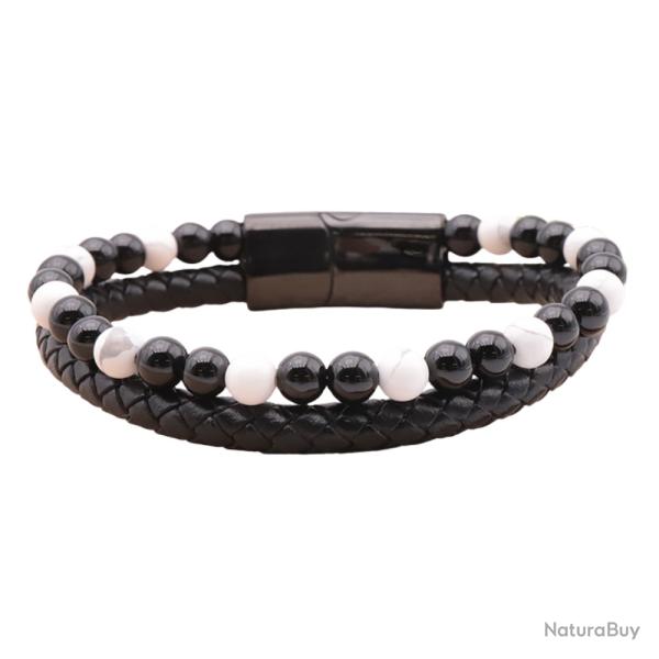 Bracelet Homme Cuir Noir V�ritable & Pierres Naturelles Howlite et Onyx - Grade A - Stock France