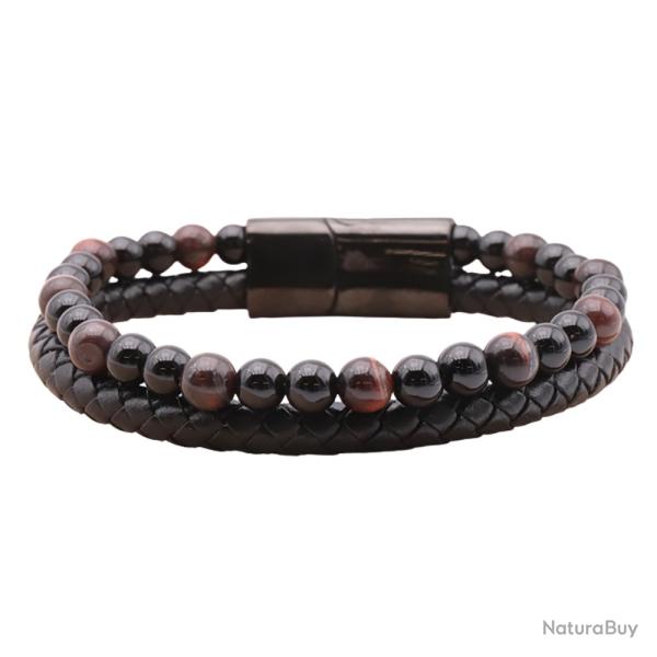 Bracelet Homme Cuir Noir V�ritable & Pierres Naturelles �il de Taureau et Onyx Grade A -Stock France