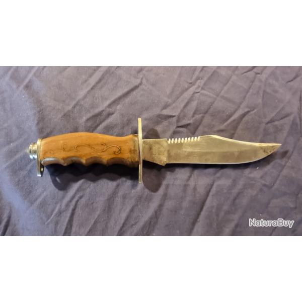 Poignard de type chasse lame sans marquage - poigne bois incrustation filet cuivre ou laiton