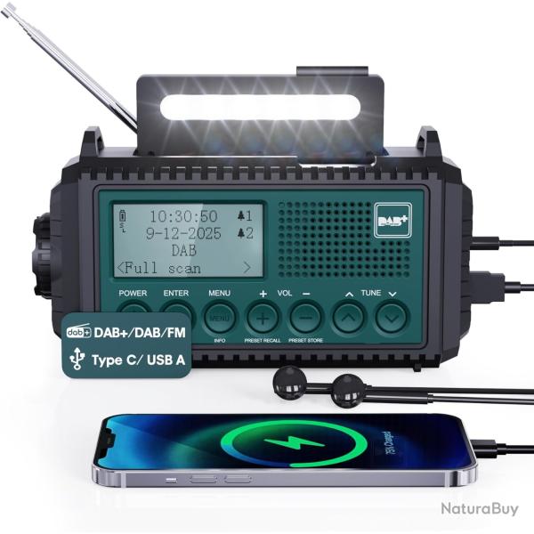 Radio Urgence DAB Solaire Manivelle Batterie 5000mAh Lampe Torche Liseuse tanche IPX4 SOS Bleu