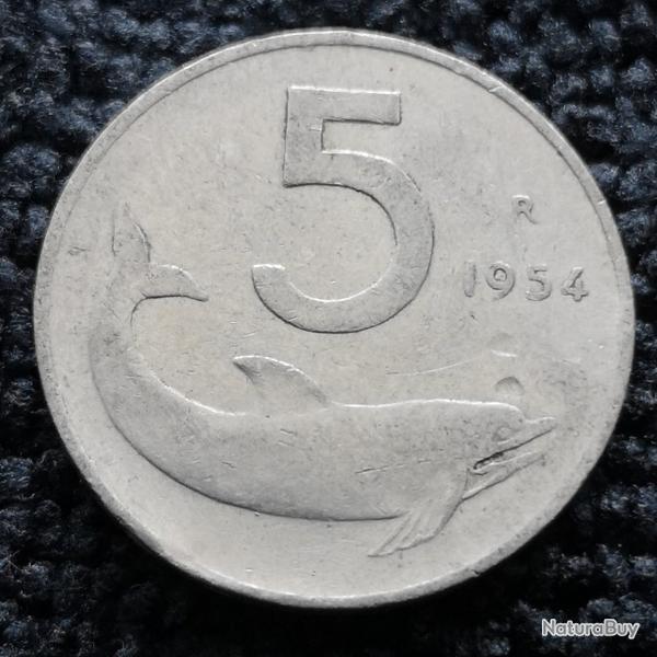 Monnaie Italie - 1954 Signature loin de la bordure - 5 lire (Grade : TB) - Ref N0957