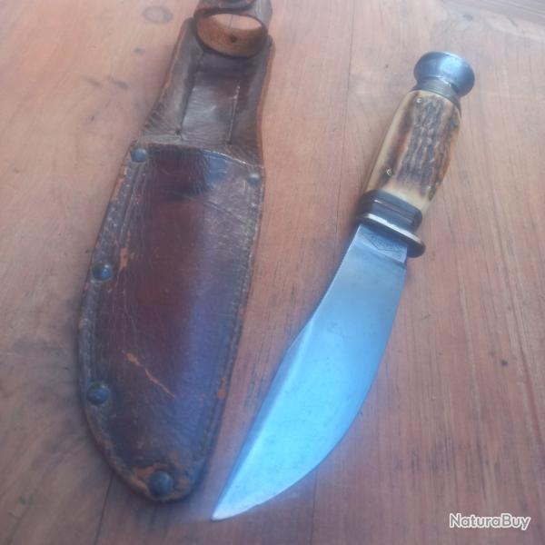 Couteau de Chasse GAZELLE SOLINGEN Manche en Bois de Cerf avec �tui en cuir